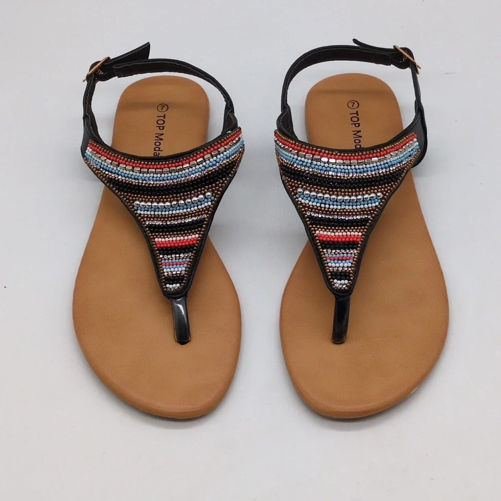 Top Moda Shoes Womens HW-7 Black 7 Beaded Thong Sandals Buckle Strap Flat NEW